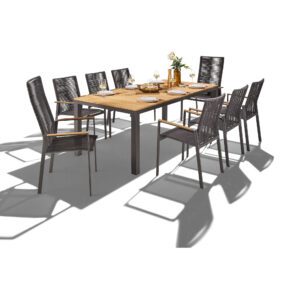 Liadomo Set 9-tlg. mit "Scalea" Tisch 210x100 cm, Aluminium anthrazit, Tischplatte Teak und "Limbadi" Stapelstuhl, Aluminium anthrazit, Rope anthrazit, Armlehnen Teak