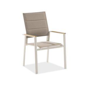 Niehoff "Lissabon" Hochlehner, Gestell Aluminium ivory, Sitz- und Rückenfläche Textilgewebe taupe, Armlehne mit Teak-Einlage