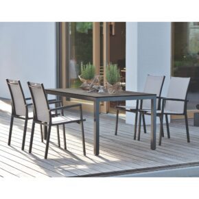 Stern Gartenmöbel-Set mit Stapelstuhl New Levanto, Gestell Aluminium anthrazit, Textilgewebe silber und Gartentisch Gestell Aluminium anthrazit, Tischplatte HPL Dark Marble in 160x90 cm