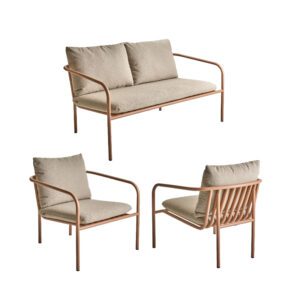 Brafab "Bendt" Loungeset 3-teilig mit Sofa und 2x Sessel, Gestelle Aluminium peach, Kissen Teddy beige