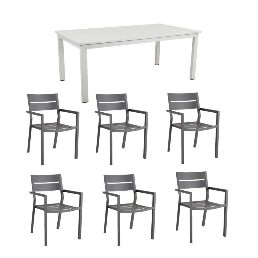 Brafab Gartenmöbel-Set 7-teilig, mit "Delia" Stapelstuhl Aluminium anthrazit und "Lomma" Ausziehtisch Aluminium light grey 194/312x100 cm