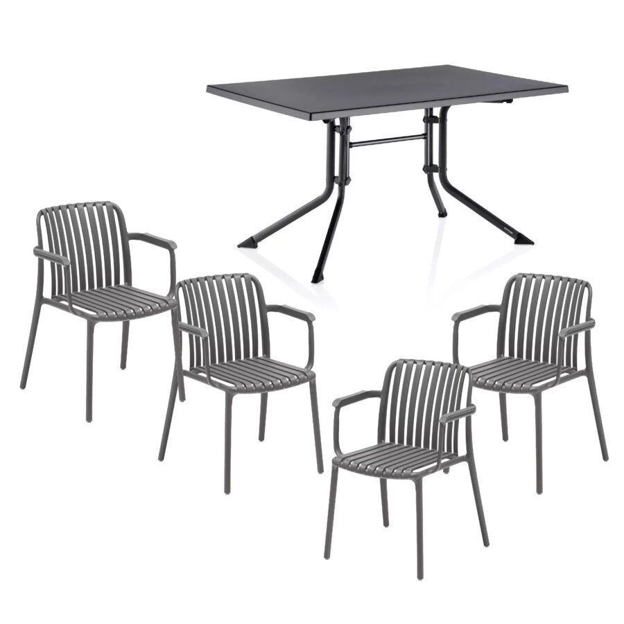 Kettler "Lago" Stapelstuhl, Gestell und Sitzfläche Kunststoff grau, mit Klapptisch "Boulevard" 115x70 cm, Gestell Aluminium anthrazit Tischplatte Kettalux-Plus anthrazit