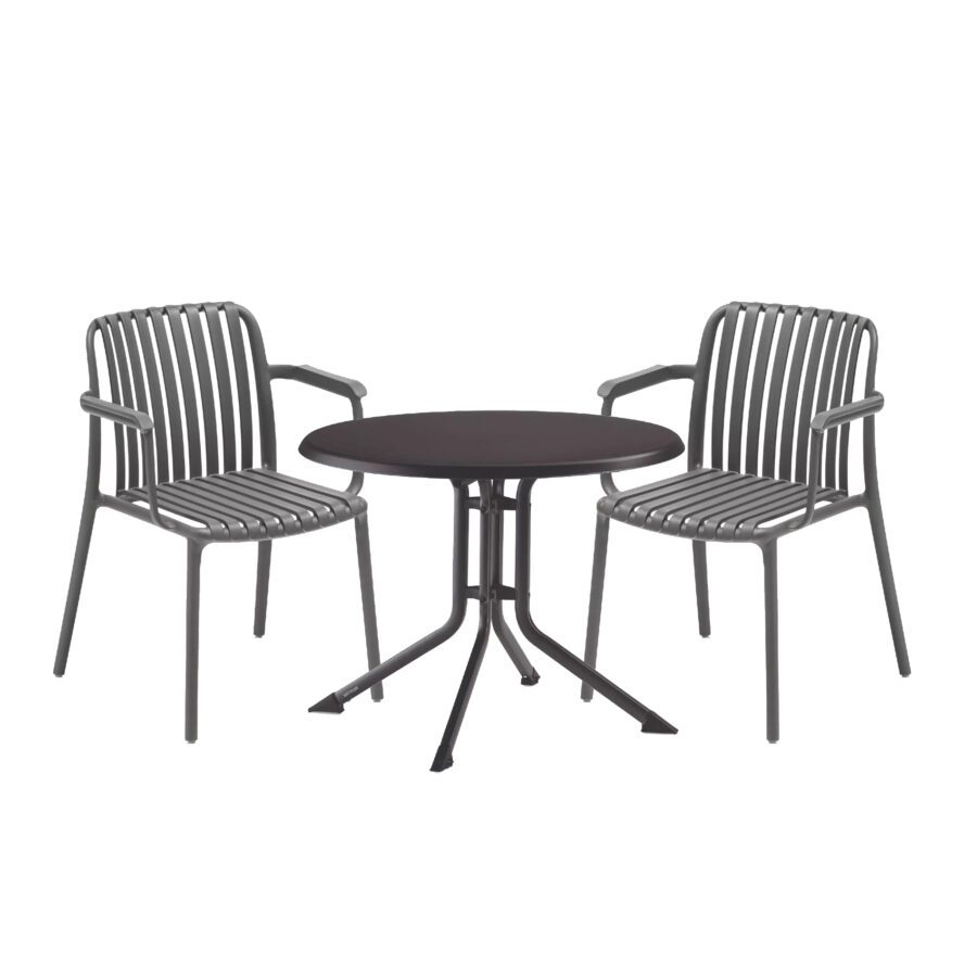Kettler "Lago" Stapelstuhl, Gestell und Sitzfläche Kunststoff grau, mit Klapptisch "Boulevard" Ø 70 cm, Gestell Aluminium anthrazit Tischplatte Kettalux-Plus anthrazit