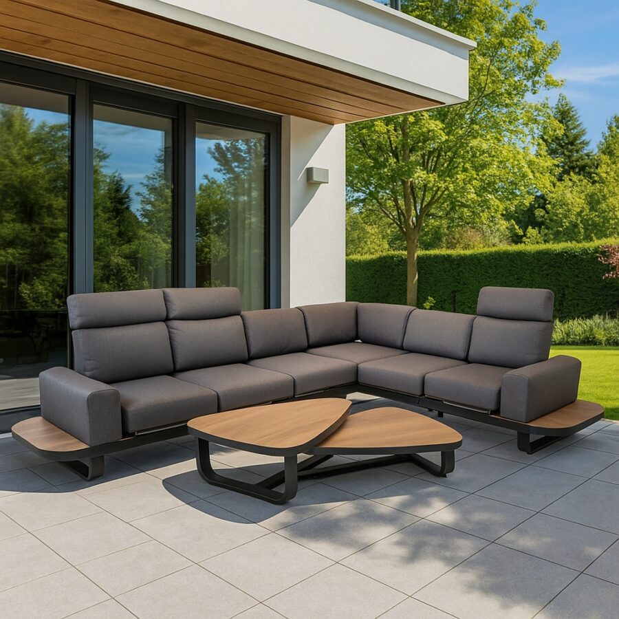 Lesli Living "Zanzibar" Loungeset, Aluminium anthrazit matt, Bezug Olefin anthrazit, Ablagen und Tischplatten SPC (Bild KI-generiert)