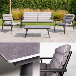 Lesli Living "Harper Stone" Loungeset, Aluminium anthrazit matt, Bezug Olefin hellgrau meliert (Bild KI-generiert)