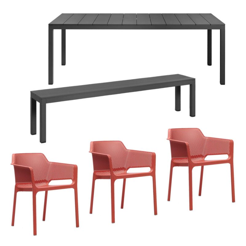 NARDI Net/Rio Gartenmöbel-Set mit Stapelstuhl, Gartentisch und -bank, 5-teilig
