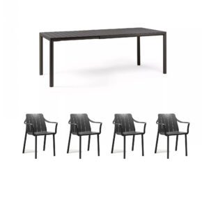 NARDI "Tiberina" Stapelstuhl, Gestell und Sitzfläche Kunststoff anthrazit, mit Ausziehtisch "Tevere" Gestell Aluminium anthrazit, Tischplatte Kunststoff anthrazit, 145/211 × 90 cm
