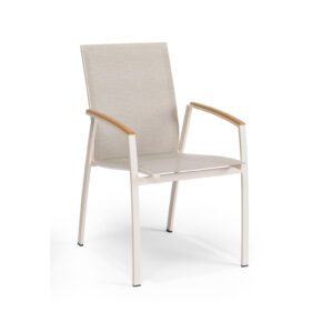 SIT Mobilia "Limbo" Stapelsessel, Aluminium powder/ecru, Textilgewebe Phifertex sibirian, Armlehnen Teak