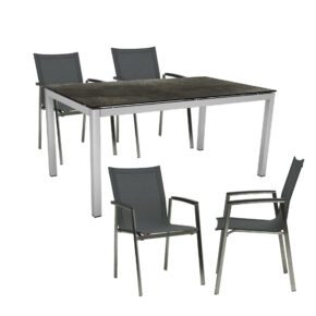 Stern Gartenmöbel-Set mit Stuhl "New Top" und Tisch "Classic" 160x90cm, Gestelle Edelstahl, Sitz Textilgewebe karbon, Tischplatte HPL Dark Marble