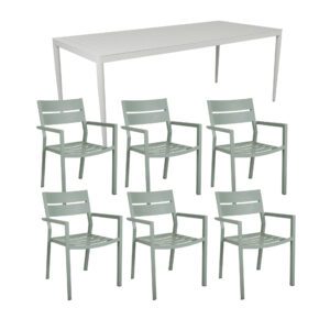 Brafab Gartenmöbel-Set 7-teilig, mit Delia Stapelstuhl Aluminium dusty green und "Bigby" Tisch 195x90 cm Aluminium light grey