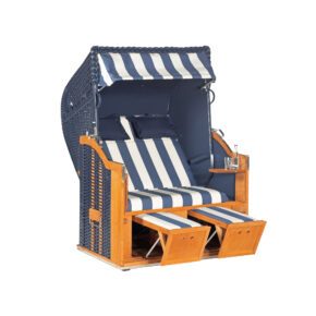 Sonnenpartner Strandkorb "Classic" 2-Sitzer, Halbliegemodell, PVC-Kunststoffgeflecht blau, Markisenstoff Dessin 40 und uni blau