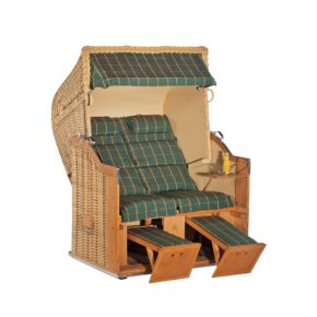 Sonnenpartner Strandkorb "Classic" 2-Sitzer, Halbliegemodell, PE-Kunststoffgeflecht Naturoptik, Gartenmöbelstoff Bonito grün und Markisenstoff uni sand