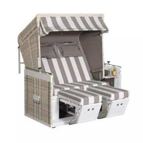 Sonnenpartner Strandkorb "Präsident Alu", XL-2-Sitzer Volliegemodell, Geflecht antik-weiß, Markisenstoff Nr. 186 und uni taupe