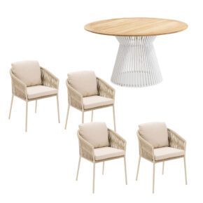 Gartenmöbel-Set mit CASA DOMA Diningsessel "Falcone", Aluminium cream, Rope fossil und Niehoff Tisch "Acore" Ø 140 cm, Aluminium ivory, Tischplatte Teak