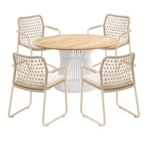 Gartenmöbel-Set mit CASA DOMA Gartenstuhl "Fasano", Aluminium cream, Rope fossil (Knoten-Muster) und Niehoff Tisch "Acore" Ø 140 cm, Aluminium ivory, Tischplatte Teak