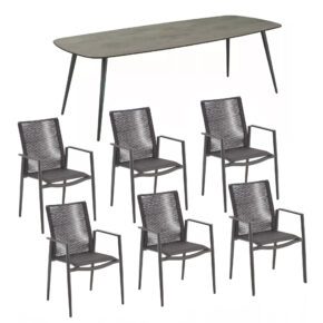 CASA DOMA "Napola" Gartentisch 240x100 cm, Aluminium anthrazit, Tischplatte HPL chromix anthrazit und Liadomo "Mannoli" Stapelstuhl, Aluminium anthrazit, Rope und Textilgewebe anthrazit, Armlehne Aluminium