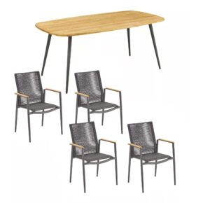 CASA DOMA "Napola" Gartentisch 180x100 cm, Aluminium anthrazit, Tischplatte Teak und Liadomo "Mannoli" Stapelstuhl, Aluminium anthrazit, Rope anthrazit, Armlehne Teak