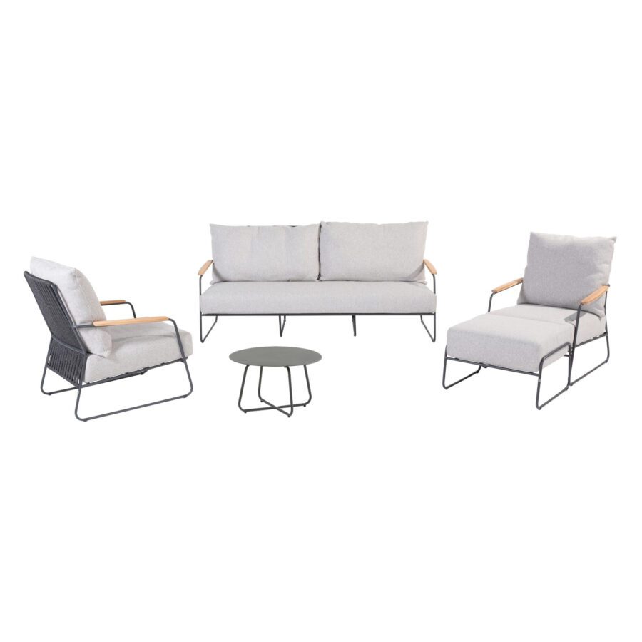 4Seasons Outdoor "Balade" Loungeset, Edelstahl anthrazit, Rope anthrazit, Outdoorbezug Olefin grau mit Kaffeetisch "Dali" Ø 58,5 cm