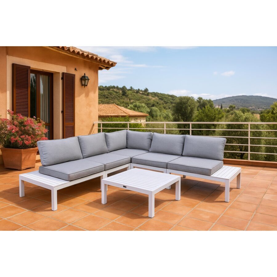 Home Islands "Laos modular" Loungeset, Gestell Aluminium weiß, Polster hellgrau, Ablagen Aluminium (Bild KI-generiert)