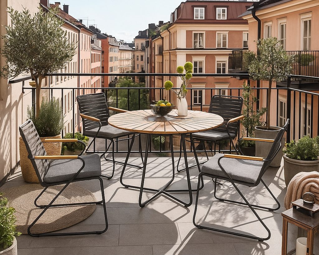 Eine Tischgruppe auf einem städtischen Balkon.