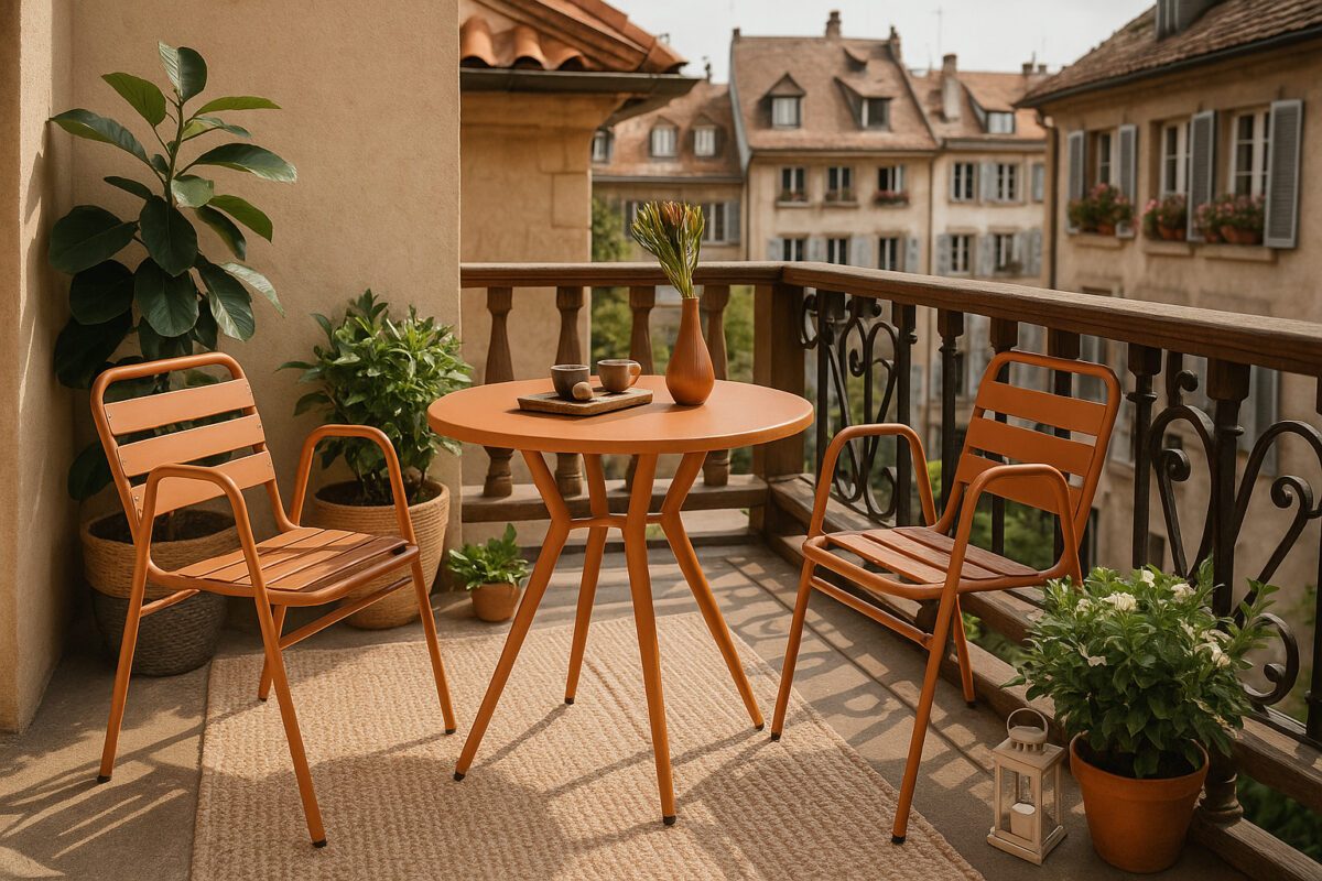 Ein orangefarbenes Bistroset auf einem Balkon mit Teppich und Pflanzen, im Hintergrund alte Häuserfassaden.