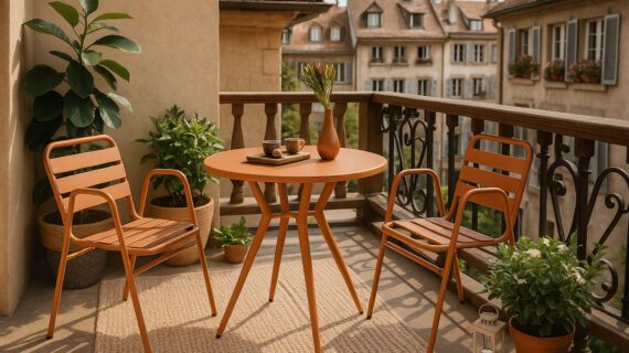 Ein orangefarbenes Bistroset auf einem Balkon mit Teppich und Pflanzen, im Hintergrund alte Häuserfassaden.