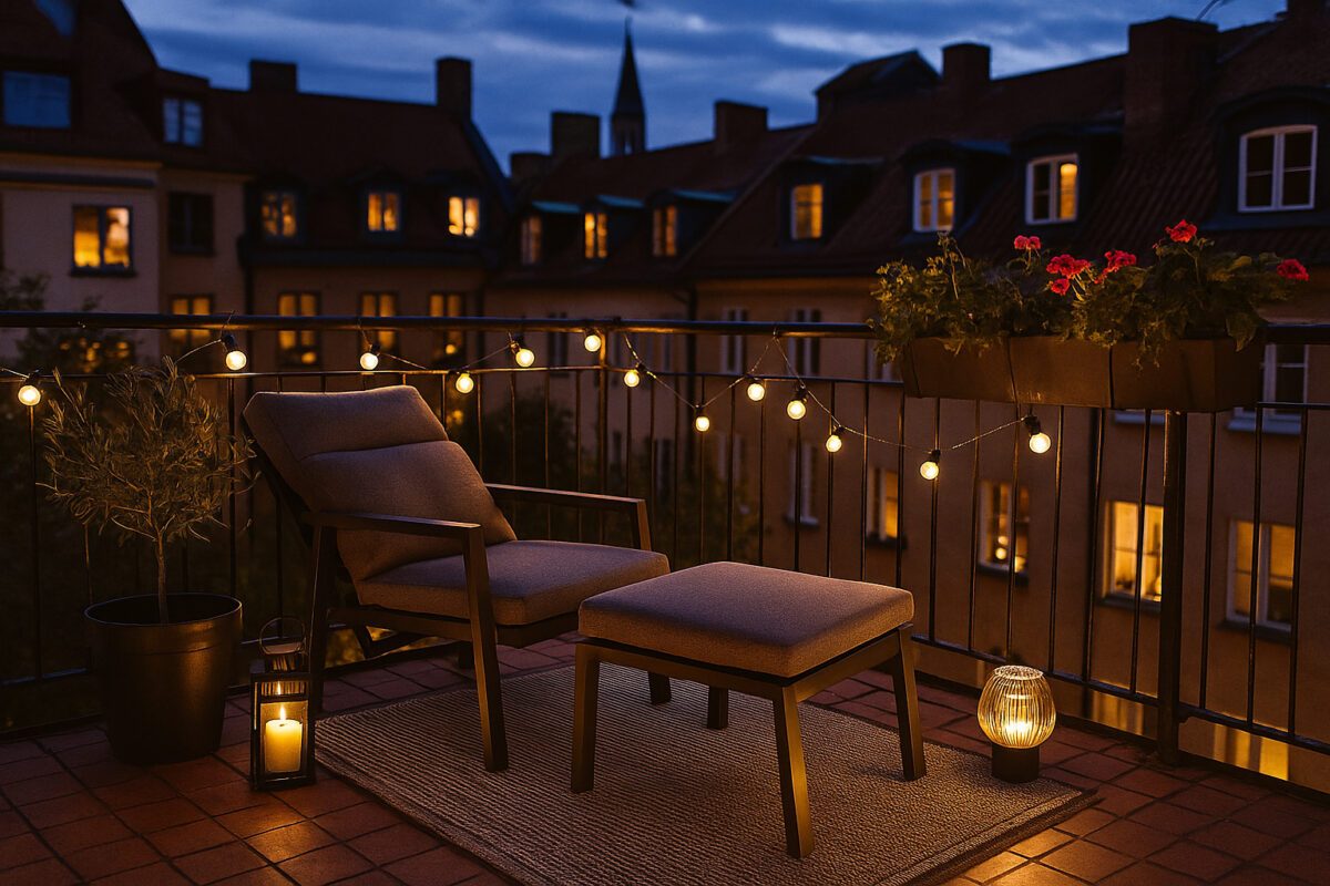 Ein Loungesessel mit Hocker auf einem Balkon bei Abendstimmung mit Outdoor-Lichtern.