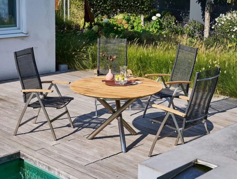 CASA DOMA Gartenstuhl "Mineo" mit Gestell Edelstahl und Rope-Bespannung anthrazit mit Gartentisch "Perano" mit Teakplatte und Gestell Edelstahl
