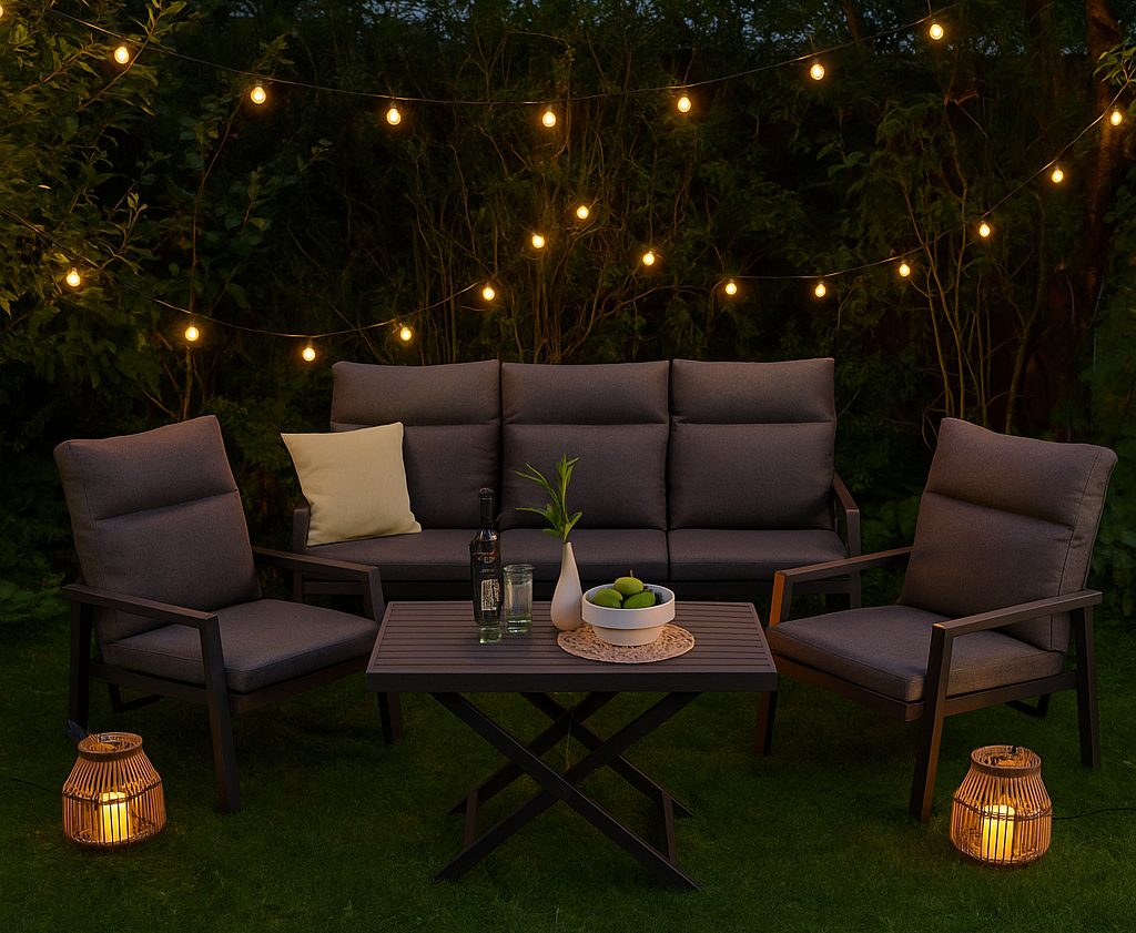 Eine Loungegruppe im Garten, Abendstimmung mit Lichterketten.