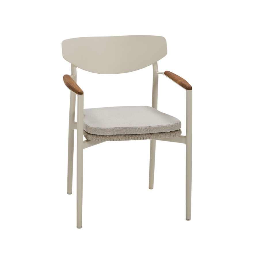 CASA DOMA "Farini" Stapelstuhl, Gestell Aluminium cream, Sitzfläche Rope fossil, Armlehnen Teakholz, Sitzkissen Olefin braunbeige