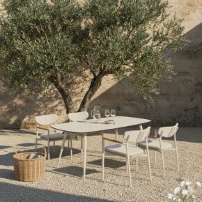 CASA DOMA Gartenmöbel-Set mit "Farini" Stuhl und "Napola" Gartentisch 180x100 cm, Aluminium cream, Sitzfläche Rope, Kissen braunbeige, HPL-Platte travertin (Bild KI-generiert)