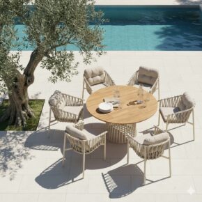 CASA DOMA Gartenmöbel-Set mit Diningsessel "Lucca" und Tisch "Loreto" 140 cm, Aluminium cream, Rope fossil, Tischplatte Teak (Bild KI-generiert)