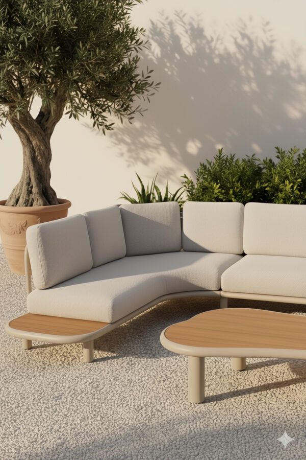 CASA DOMA "Montella" Loungeset, Gestell Aluminium cream, Polster beige, Ablage & Tischplatten Teak (Bild KI-generiert)