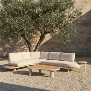 CASA DOMA "Montella" Loungeset, Gestell Aluminium cream, Polster beige, Ablage & Tischplatten Teak (Bild KI-generiert)