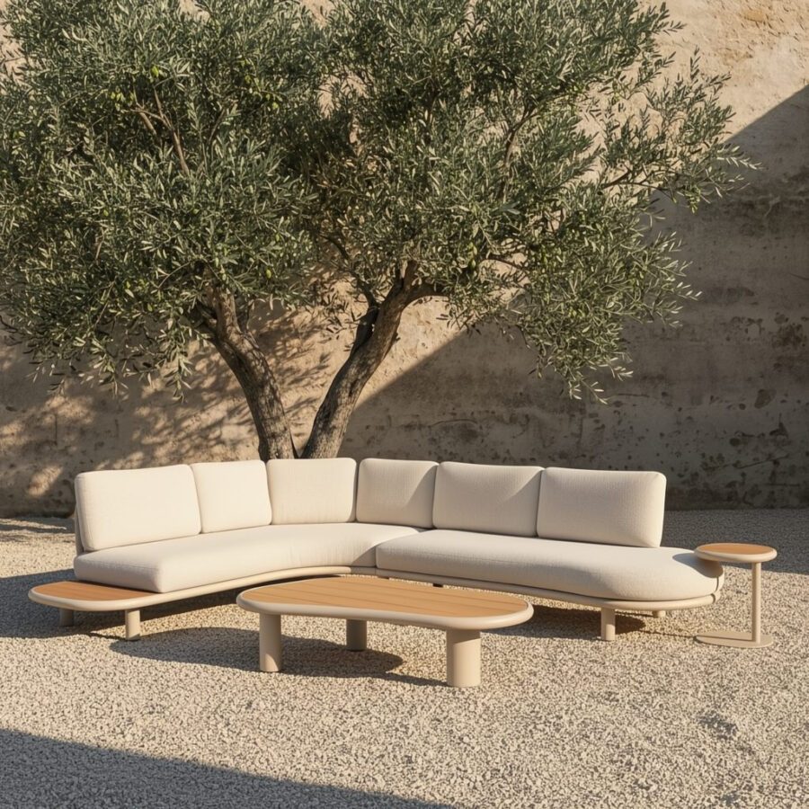 CASA DOMA "Montella" Loungeset, Gestell Aluminium cream, Polster beige, Ablage & Tischplatten Teak (Bild KI-generiert)