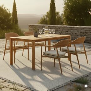 CASA DOMA Gartenmöbel-Set mit "Terni" Stapelstuhl und "Campana" Gartentisch 160x90 cm, Gestelle und Platte Teak, Sitz Rope, Kissen braunbeige (Bild KI-generiert)