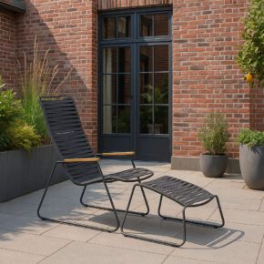 Liadomo "Atina" Loungesessel mit Loungehocker, Gestell Edelstahl anthrazit, Sitz- und Rückenfläche Rope anthrazit, Armlehne Teakholz (Bild KI-generiert)