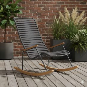 Liadomo "Atina" Schaukelsessel, Gestell Edelstahl anthrazit, Sitz- und Rückenfläche Rope anthrazit, Kufen und Armlehne Teakholz (Bild KI-generiert)
