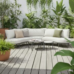 Liadomo "Celano" Loungeset, Gestell Aluminium anthrazit, Polster beige, Tischplatten Sinterstein (Bild KI-generiert)