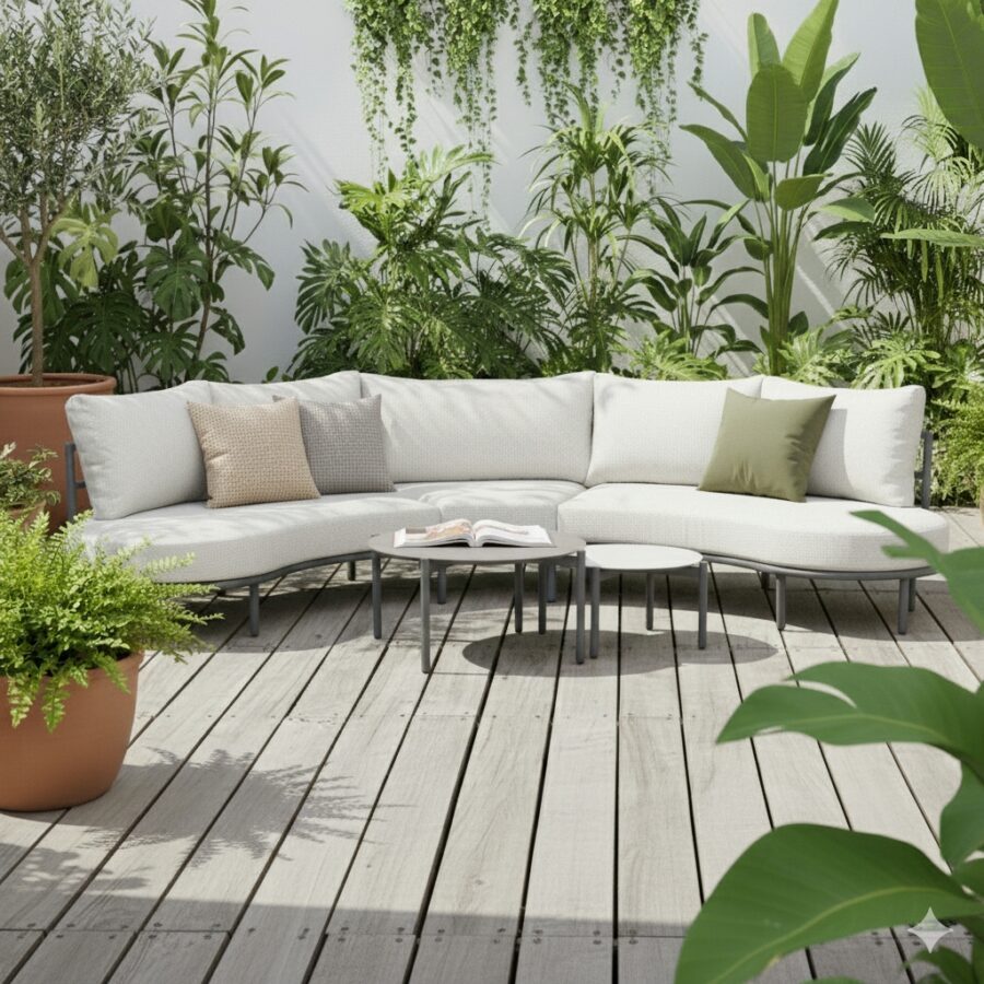 Liadomo "Celano" Loungeset, Gestell Aluminium anthrazit, Polster beige, Tischplatten Sinterstein (Bild KI-generiert)