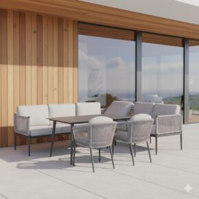 Liadomo "Formello/Latina" Dining-Loungeset, Gestelle Aluminium anthrazit, Rope & Polster light grey, Tisch Sinterstein, 140x85 cm (Bild KI-generiert)