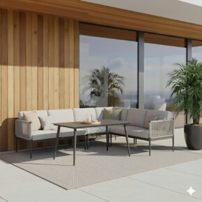 Liadomo "Formello" Dining-Loungeset, lange Seite links, Gestelle Aluminium anthrazit, Rope & Polster light grey, Tisch Sinterstein dunkelgrau, 140x85 cm (Bild KI-generiert)