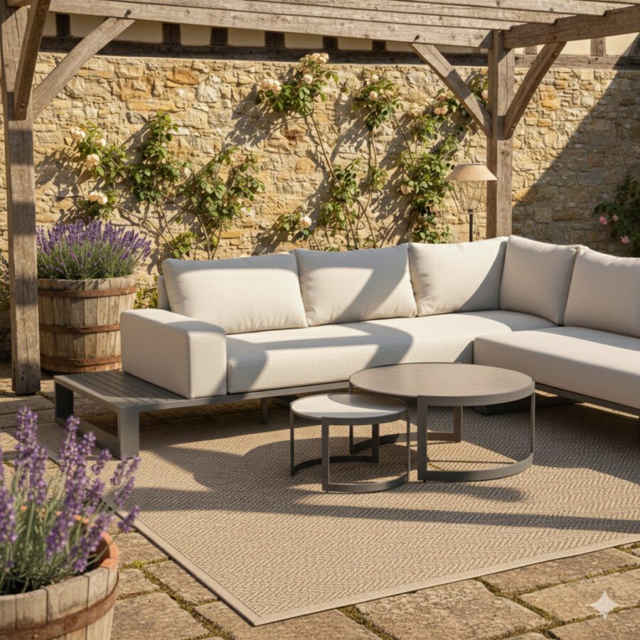 Liadomo “Candela” Loungeset 4-tlg., Gestelle Aluminium anthrazit, Kissen beige, Tischplatten Sinterstein hellgrau & dunkelgrau (Bild: KI-generiert)