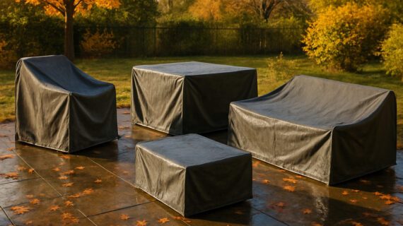 Abgedeckte Gartenmöbel auf einer herbstlichen Terrasse