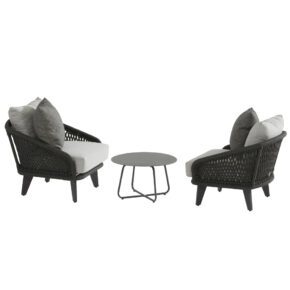 4Seasons Outdoor "Belize" Loungeset mit "Dali" Loungetisch Ø 58,5 cm, Gestelle Aluminium anthrazit, Rope schwarz, Polster hellgrau, Dekokissen grau