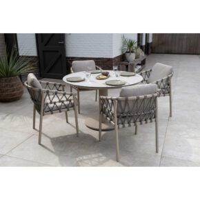 4Seasons Outdoor "Piacenza" Diningsessel, Gestell Aluminium latte, Rope-Bespannung grau, Kissen Olefin hellgrau mit "Sarah" Gartentisch, Tischplatte Glaskeramik grau