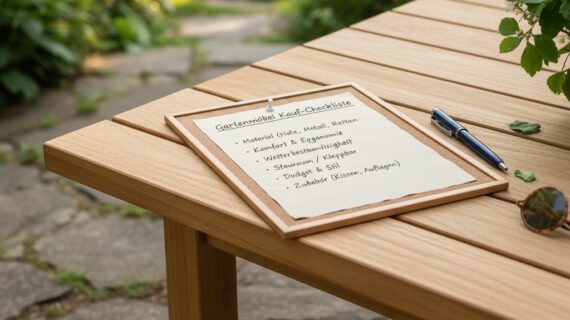 Eine Checkliste zum Kauf von Gartenmöbeln liegt auf einem Holztisch