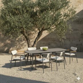 CASA DOMA Gartenmöbel-Set mit "Farini" Stuhl und "Napola" Gartentisch 240x100 cm, Aluminium anthrazit, Sitzfläche Rope, Kissen beige, HPL-Platte anthrazit (Bild KI-generiert)