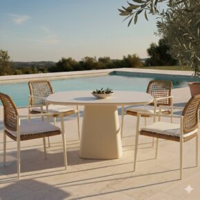 CASA DOMA Gartenmöbel-Set mit "Lavello" Stapelstuhl und "Lioni" Gartentisch, Aluminium cream, Geflecht naturfarben, Tischplatte Sinterstein 120x120 cm (Bild KI-generiert)