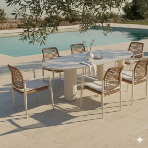 CASA DOMA Gartenmöbel-Set mit "Lavello" Stapelstuhl und "Lioni" Gartentisch, Aluminium cream, Geflecht naturfarben, Tischplatte Sinterstein 260x115 cm (Bild KI-generiert)